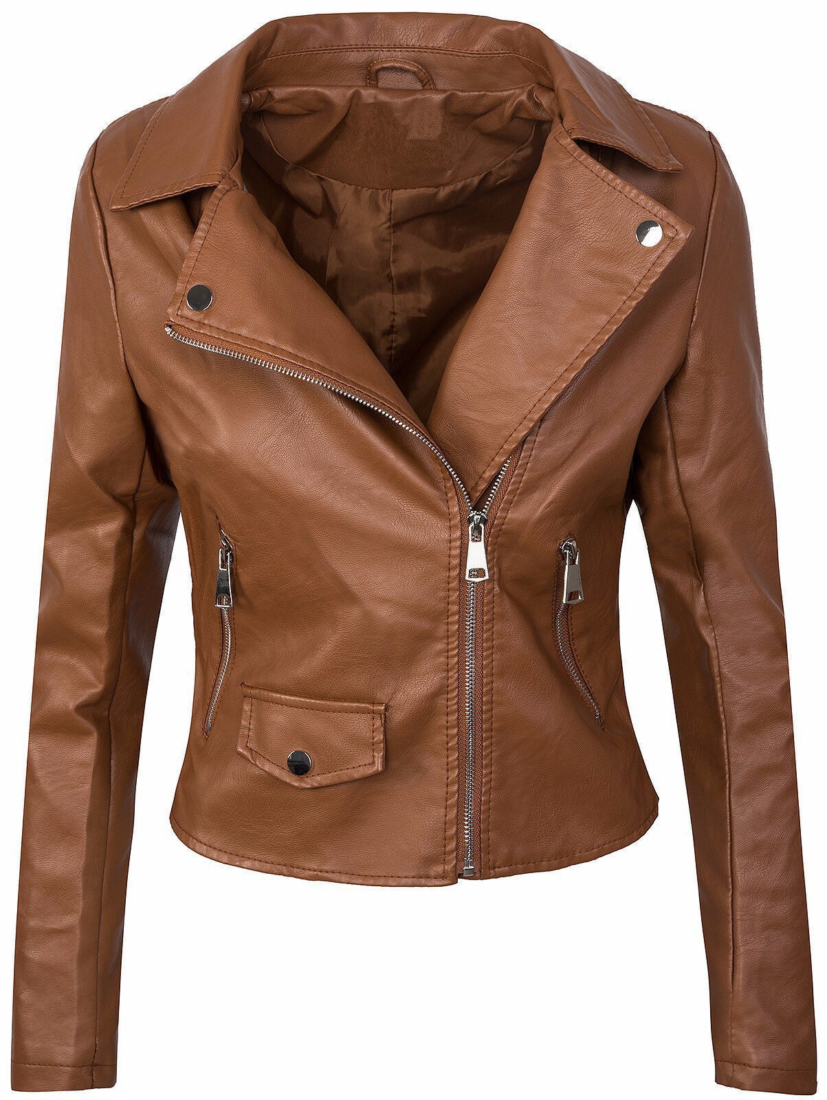 Women's Fall Winter Coat Slim PU Leather Short Zipper Leather Jacket Leather Coat