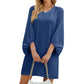 Solid Color And V-neck Three-quarter Sleeve Puff Sleeve Loose Dress