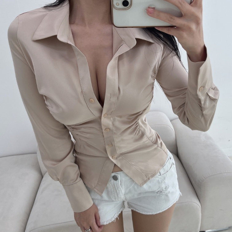 Autumn And Winter New Elegant Pleated Waist Tight Slim Lapel Slimming Shirt For Women