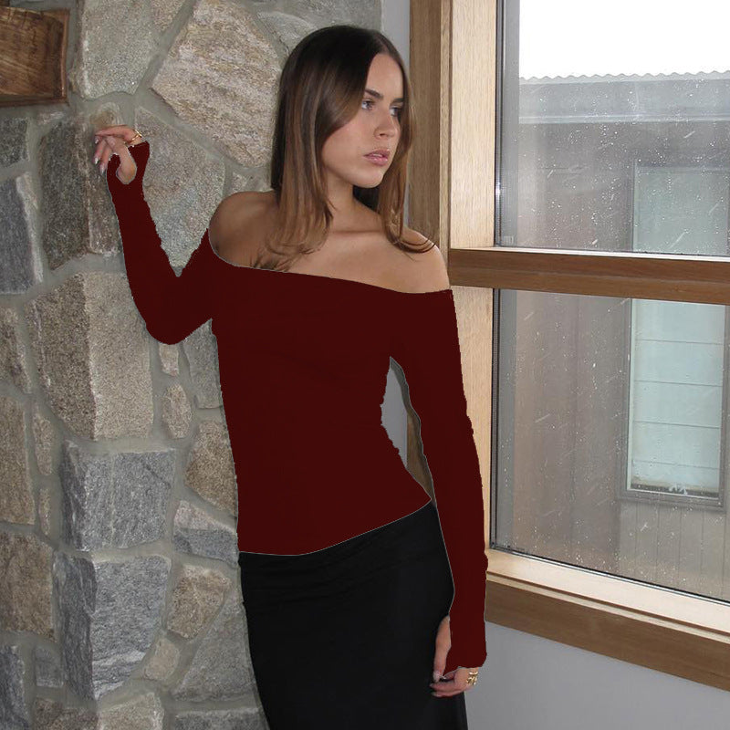 Solid Color Pullover Off-the-shoulder Long Sleeve Hollow Out