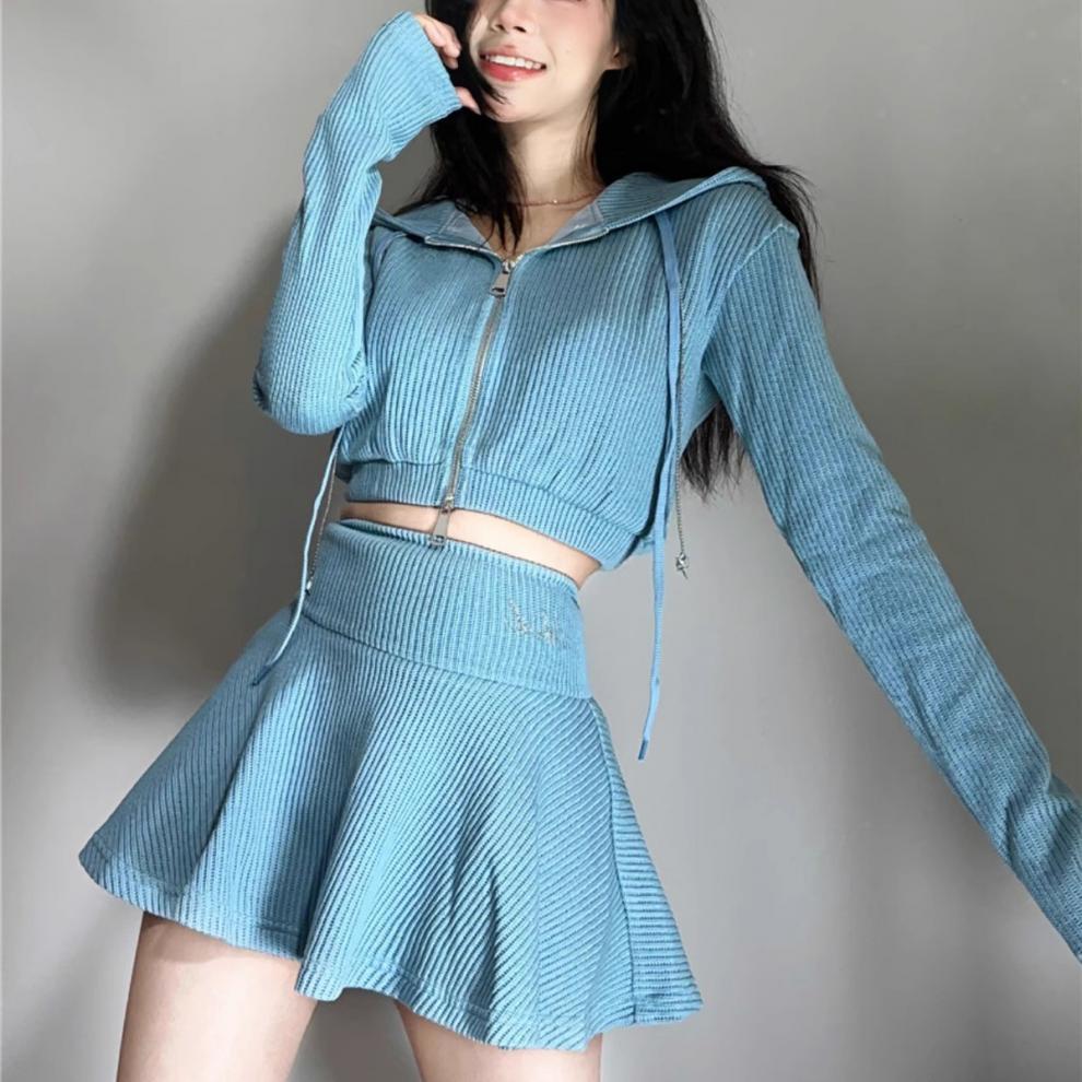 Women's Long-sleeved Short Sweater Two-piece Set