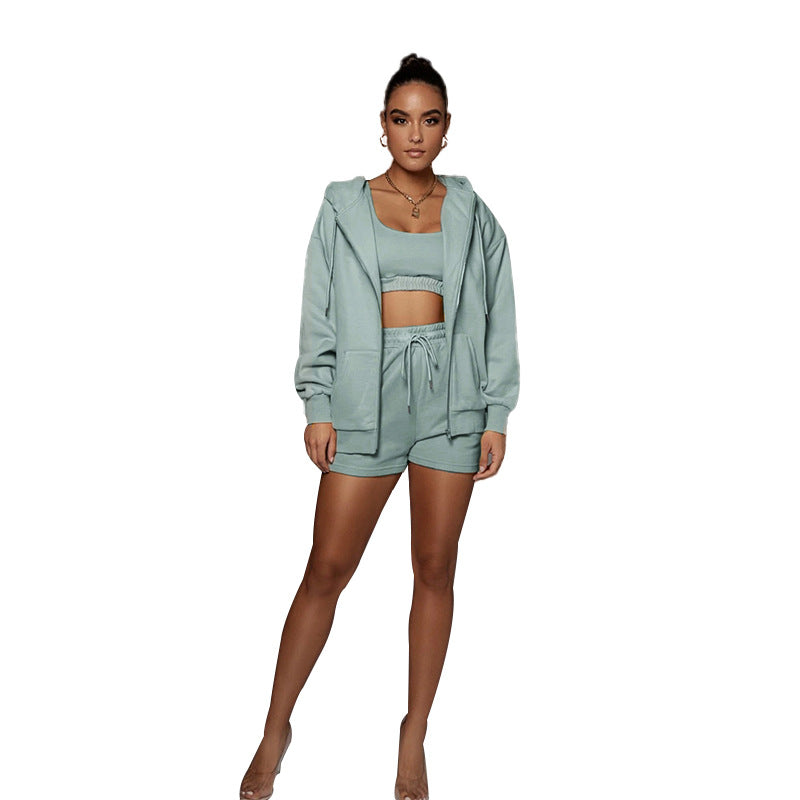 Fashion Casual Solid Color Cardigan Hooded Shorts Women's Two-piece Suit