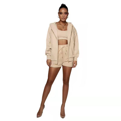 Fashion Casual Solid Color Cardigan Hooded Shorts Women's Two-piece Suit