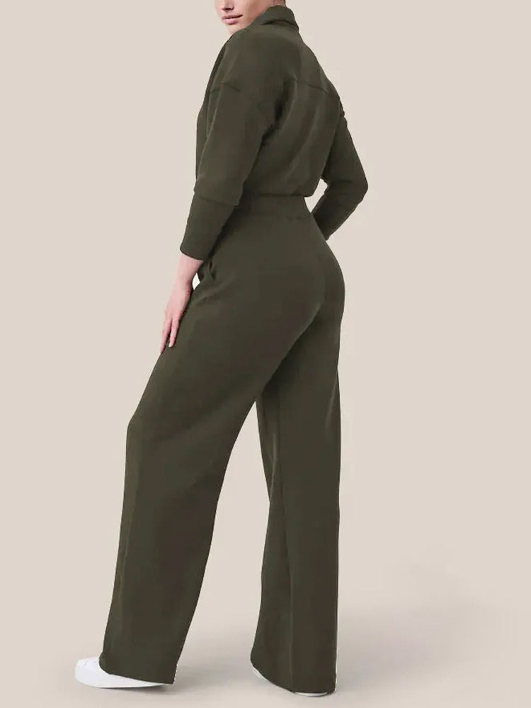 Long Sleeve Wide Leg Jumpsuit Rompers Zipper And Lapel Sweatshirt Suit Women