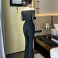 High Waist Black Draping Slit Bootcut Pants