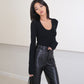 Women's Black Straight Waist Wide Leg Trawl Wild Cat Casual PU Pants