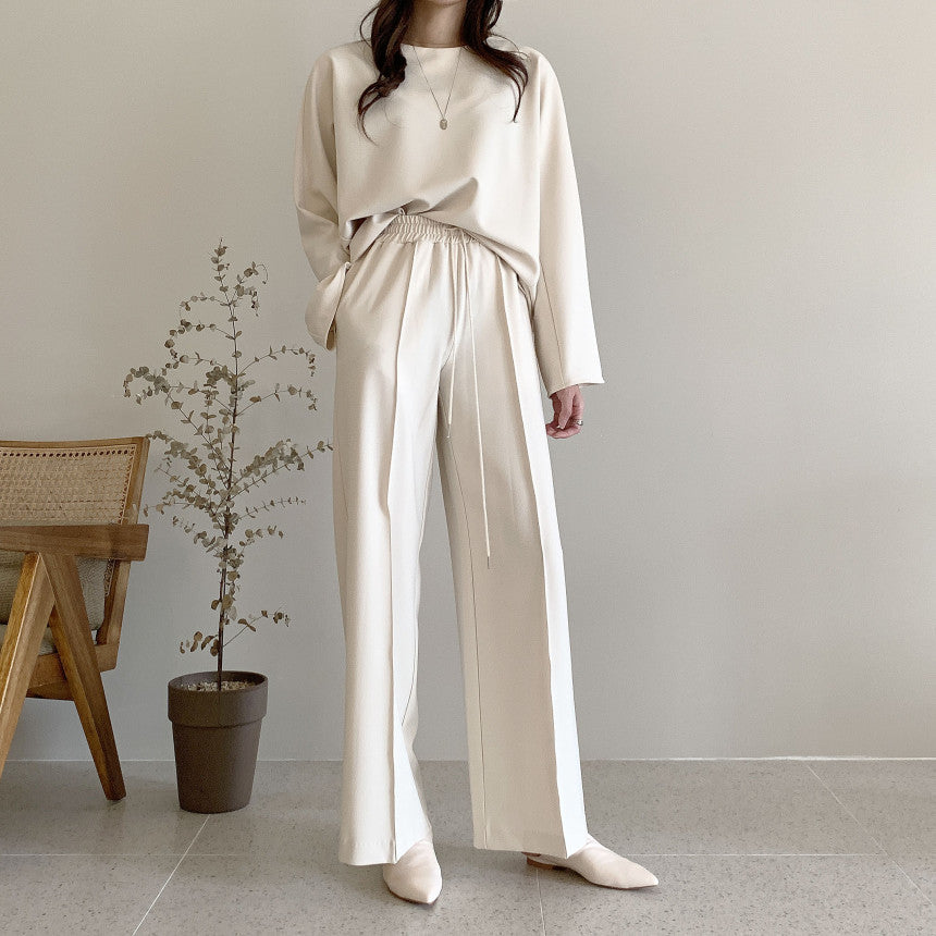 Long Sleeve Top High Waist Straight Wide Leg Casual Pants Two-piece Set