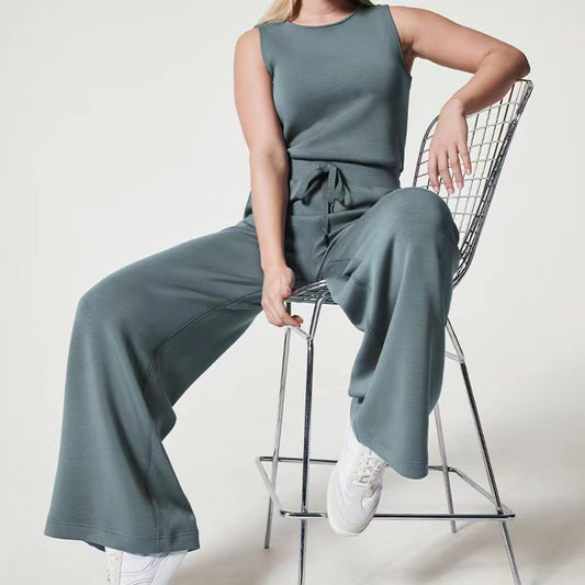 Solid Color Jumpsuit Sleeveless Tops Tie Elastic Pants Romper