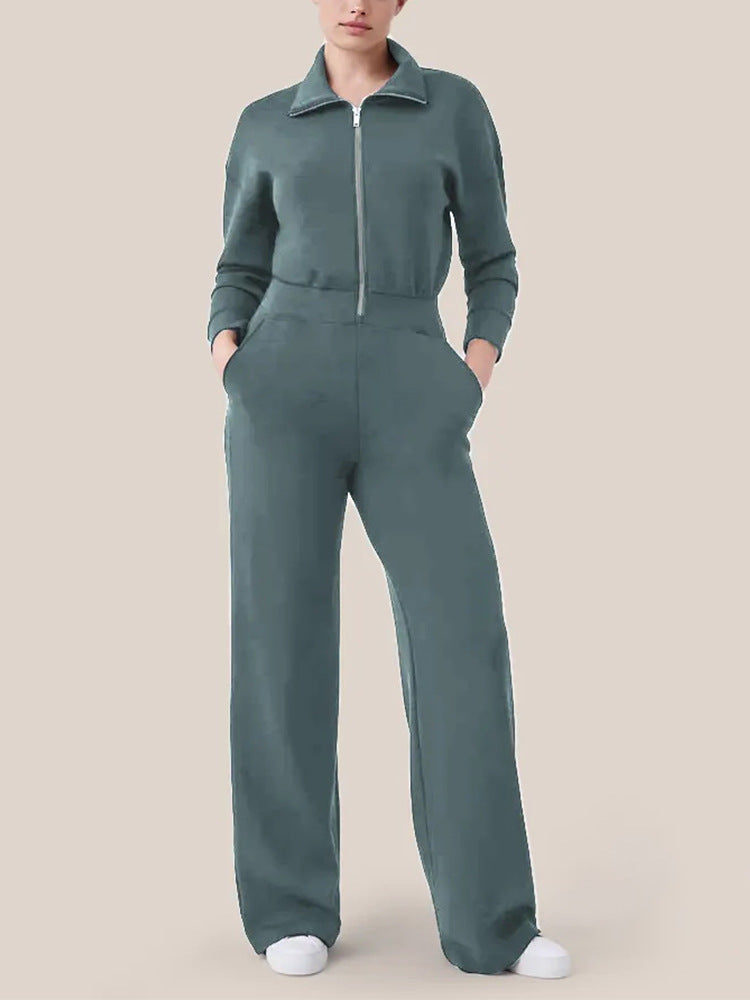 Long Sleeve Wide Leg Jumpsuit Rompers Zipper And Lapel Sweatshirt Suit Women