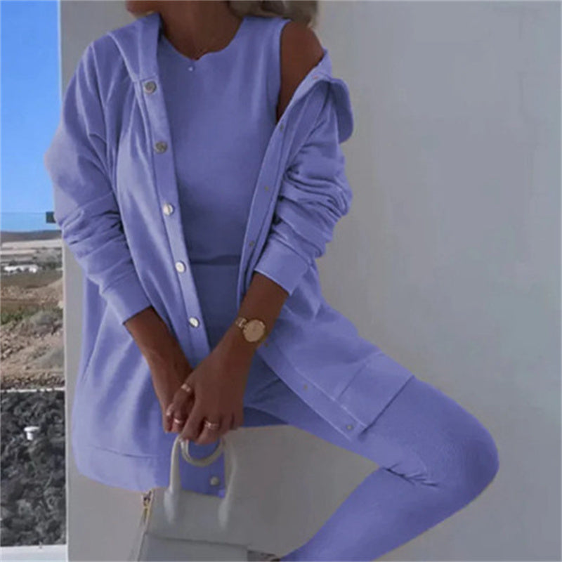 Women's Fashion Sports And Leisure Hooded Sweater Vest Pants Three-piece Set