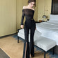 High Waist Black Draping Slit Bootcut Pants