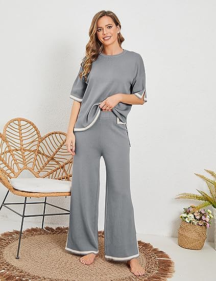 New Knitting Suit Sweater Suit Short Sleeve Pullover Wide Leg Pants