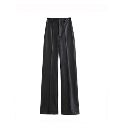 Women's Black Straight Waist Wide Leg Trawl Wild Cat Casual PU Pants