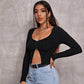 Long Sleeved Crop Cardigan Top Sexy Button Knit T-shirt