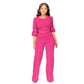 Solid Color Lantern Sleeve Top High Waist Straight Pants Two-piece Set