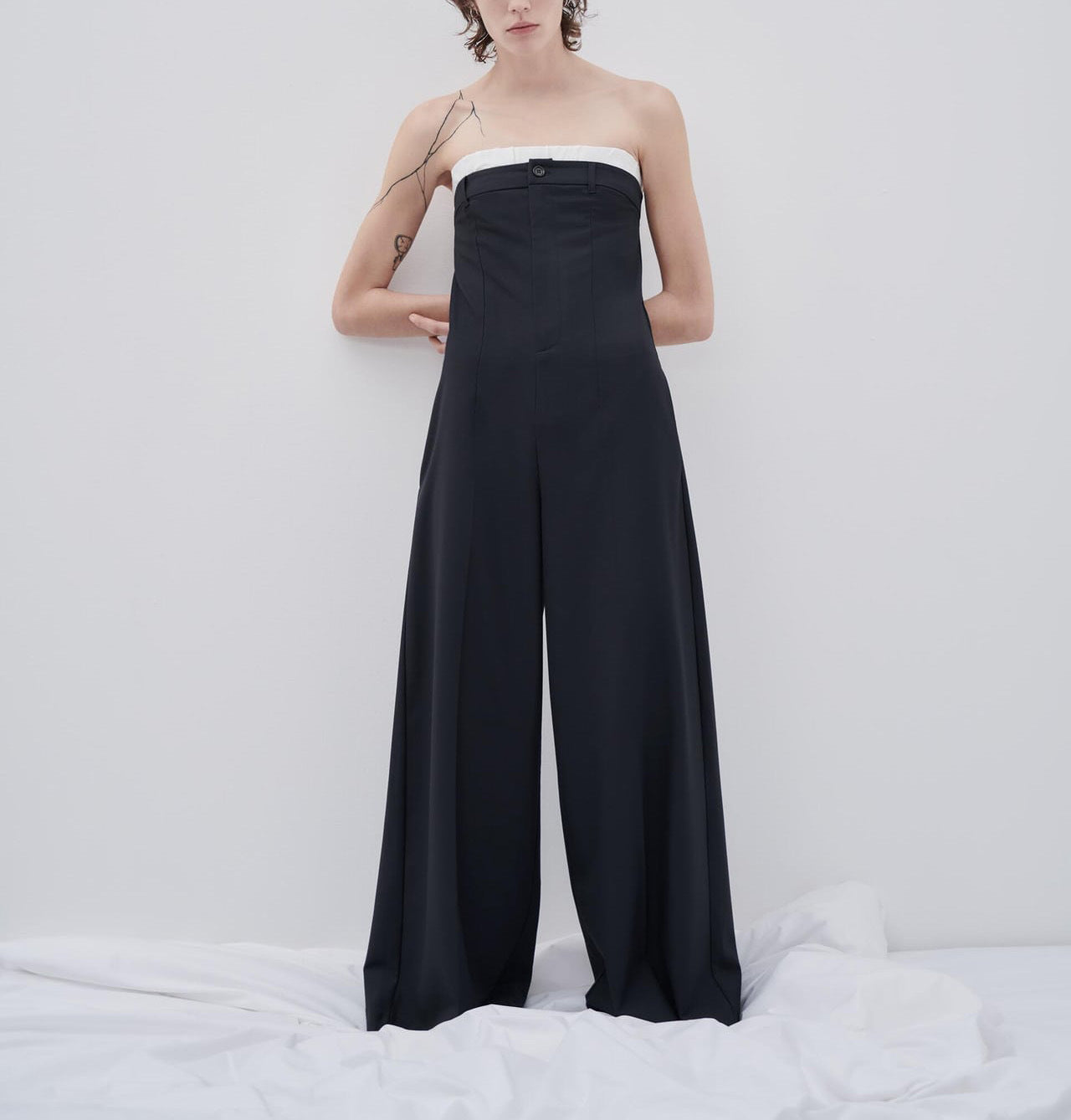 Contrast Color Off-neck Tube Top Jumpsuit Stitching Wide Leg