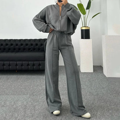 Solid Color Loose Zip Sweater Casual Versatile Trousers Suit