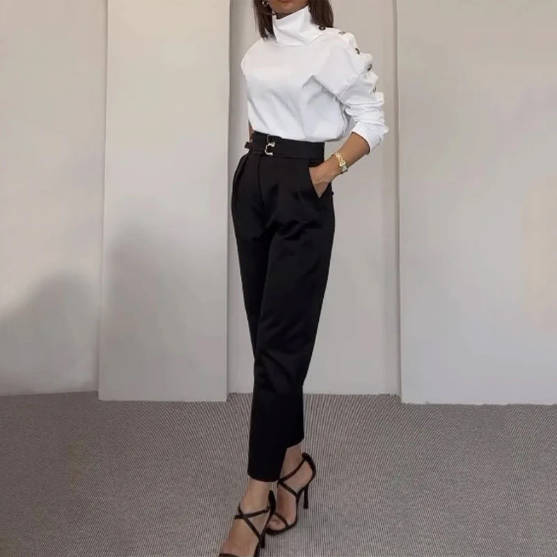 Fashion High Collar Oblique Shoulder Tops Blouse And Pants Women