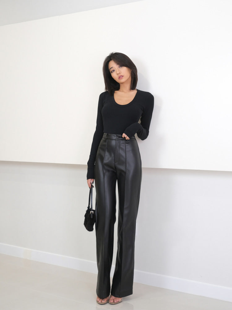 Women's Black Straight Waist Wide Leg Trawl Wild Cat Casual PU Pants